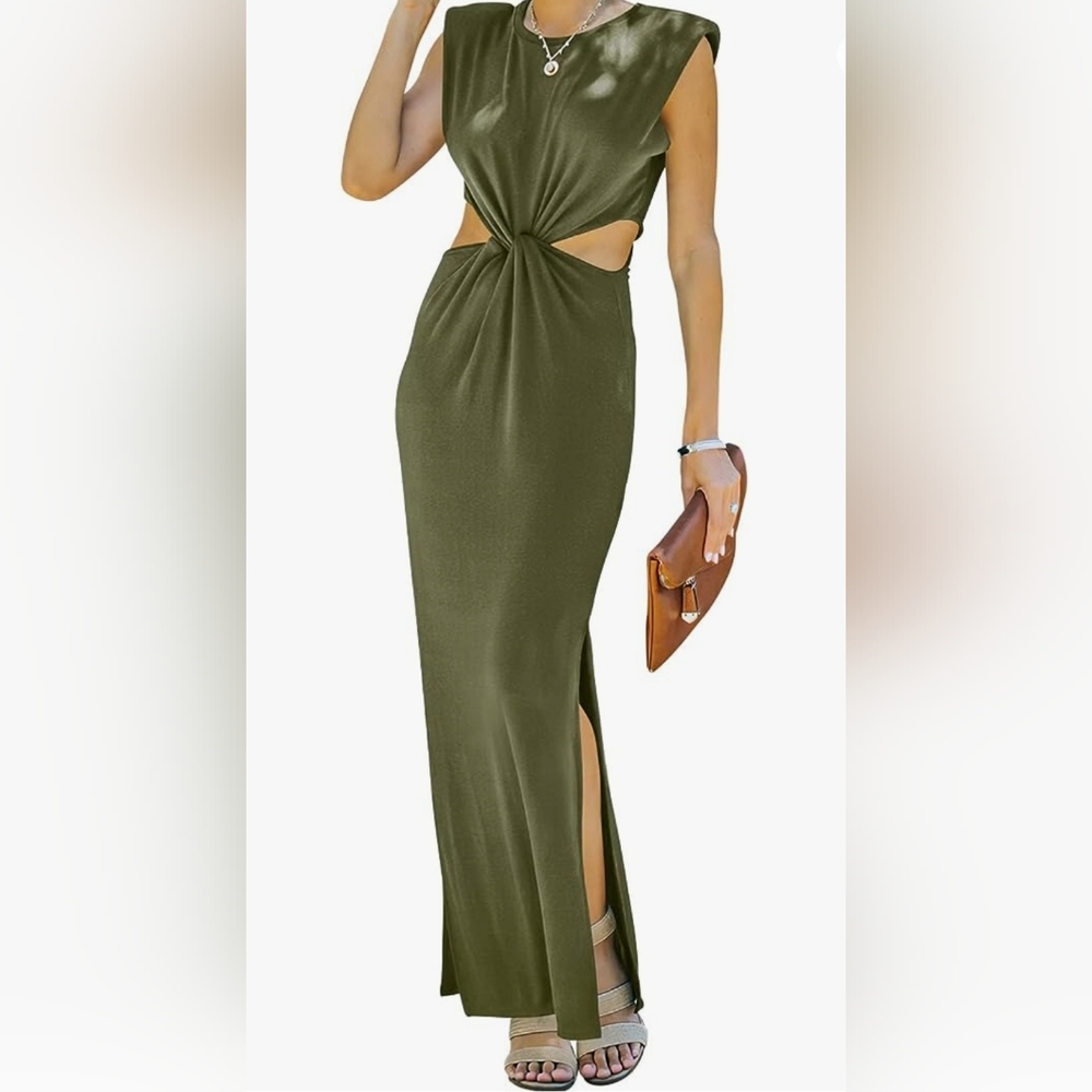 Women's Sleeveless Padded Shoulder Cut Out Maxi Dress